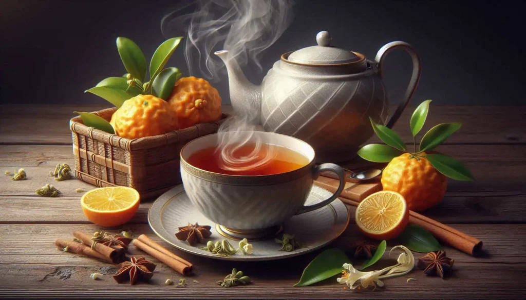 Presenting the Best Earl Grey Teas of 2026: Your Guide to Flavor, Brands, and Brewing 5 A steaming Cup of Best Earl Grey Tea placed with a Kettle and Bergamot Fruit Tray